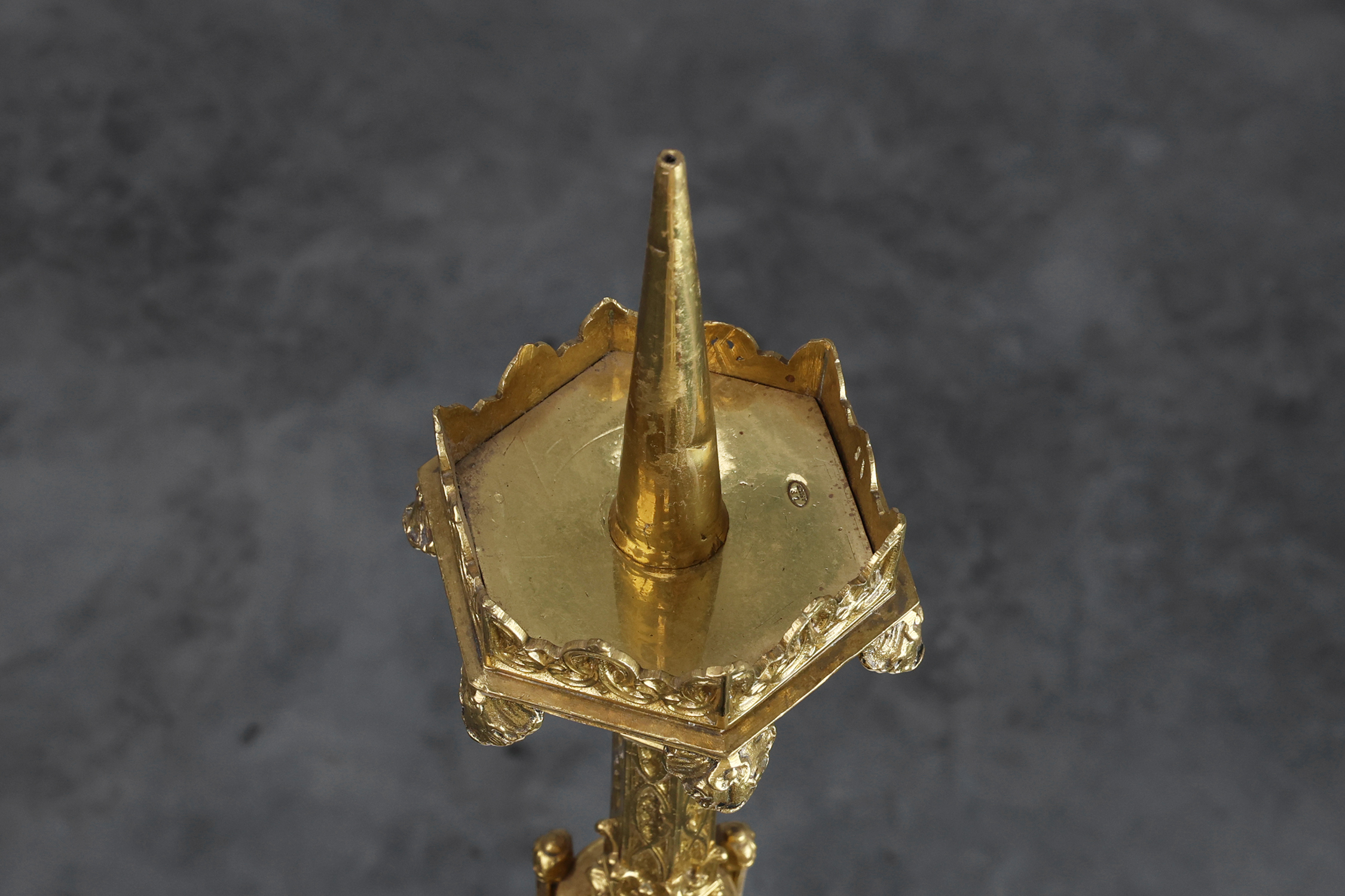 Neo‑Gothic Copper Church Candleholder Stamped &ldquo;LL A Paris&rdquo;, France ca. 1880thumbnail